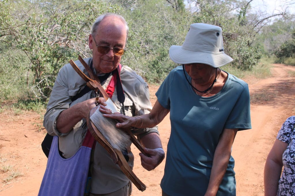 A visually impaired person strokes a Nyala